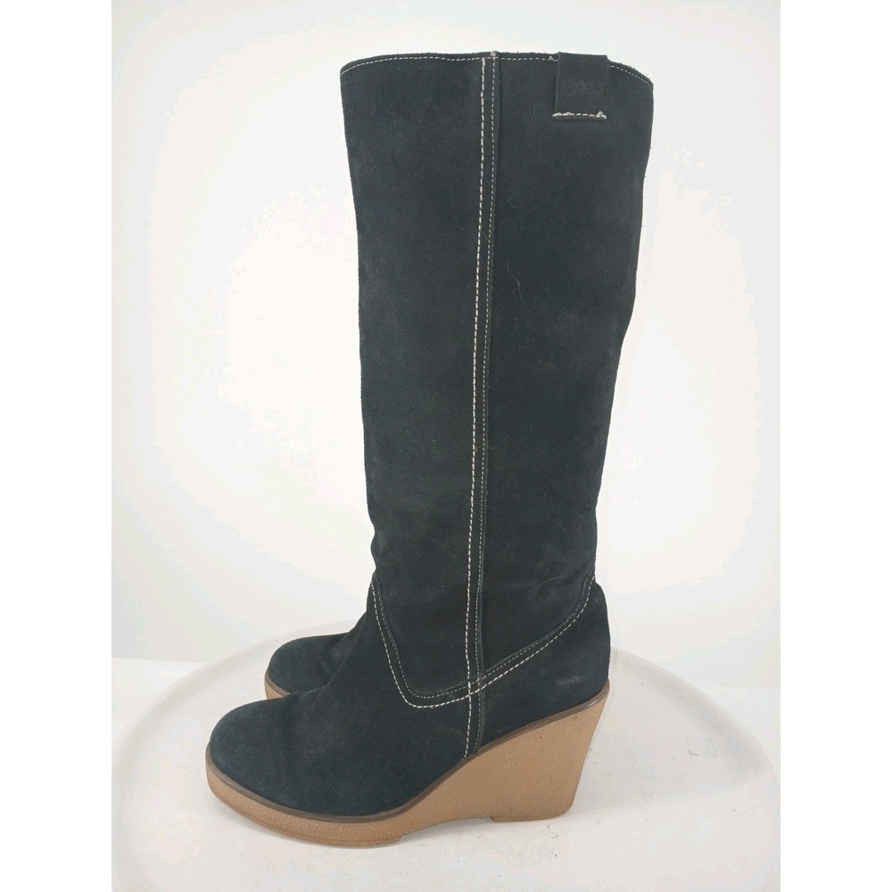 Emu Waratah Black Shearling Suede Tall Boots Size 9 Wedge Heel Gum Sole DB4